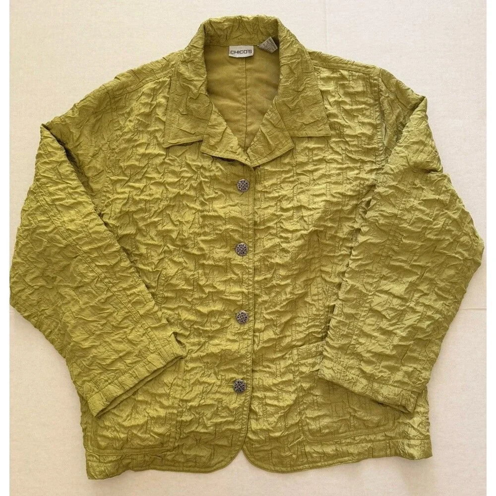 Chico’s Women’s XL Chartreuse Puckered Textured Jacket Size 3 Resort Cruise
